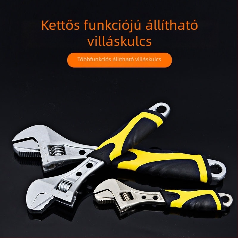 Fürdőszobai gumírozott markolatú állítható kulcs, kettős funkcióval és nagy nyílással, erősített magas széntartalmú acélból