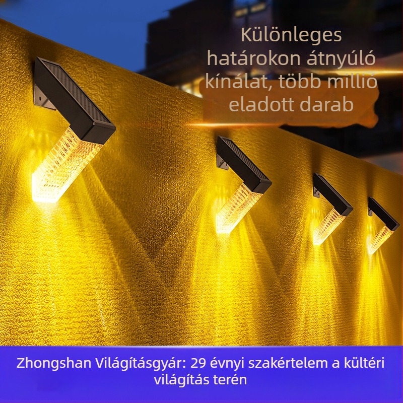Napelemes kültéri falikar folyosóhoz és lépcsőhöz, vízálló LED kerítésdekoráció