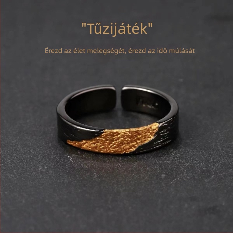 Férfi mutatóujj gyűrű, vintage nyitott dizájn, arany tónus, fekete felület, ezüstös bevonat