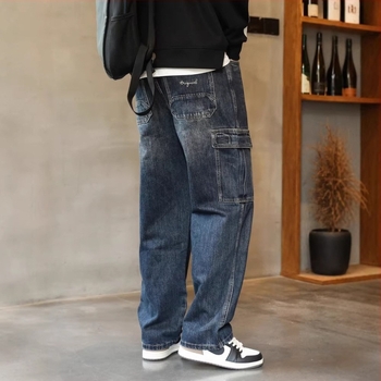 Férfi denim nadrág, laza egyenes vonal, munkaruházat ihletésű, hip-hop stílus, széles szár, őszi-téli