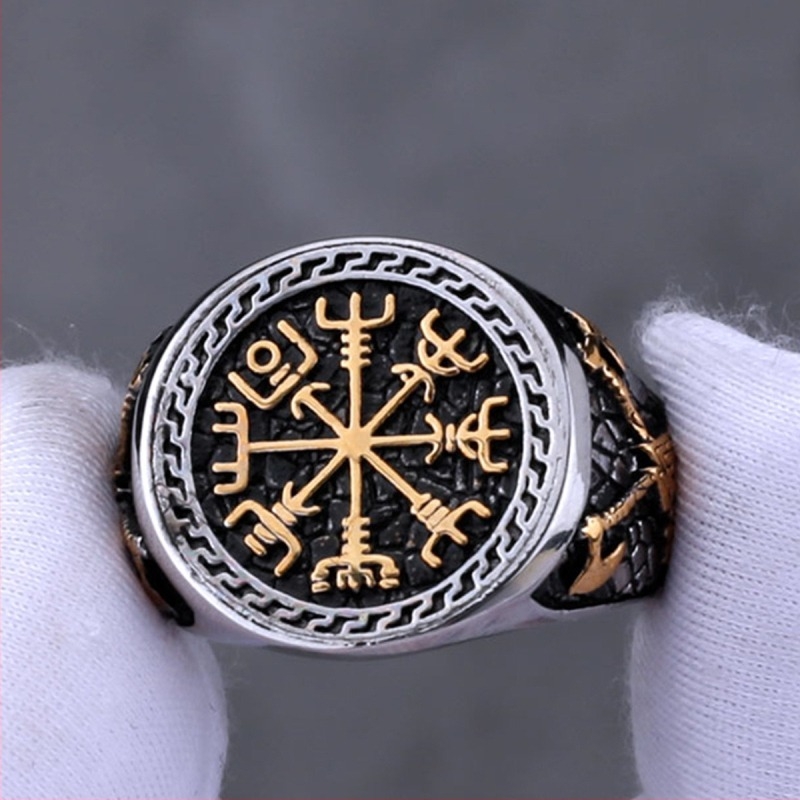 Rozsdamentes acél gyűrű, északi Viking iránytű rúna, férfi geometriai stílus
