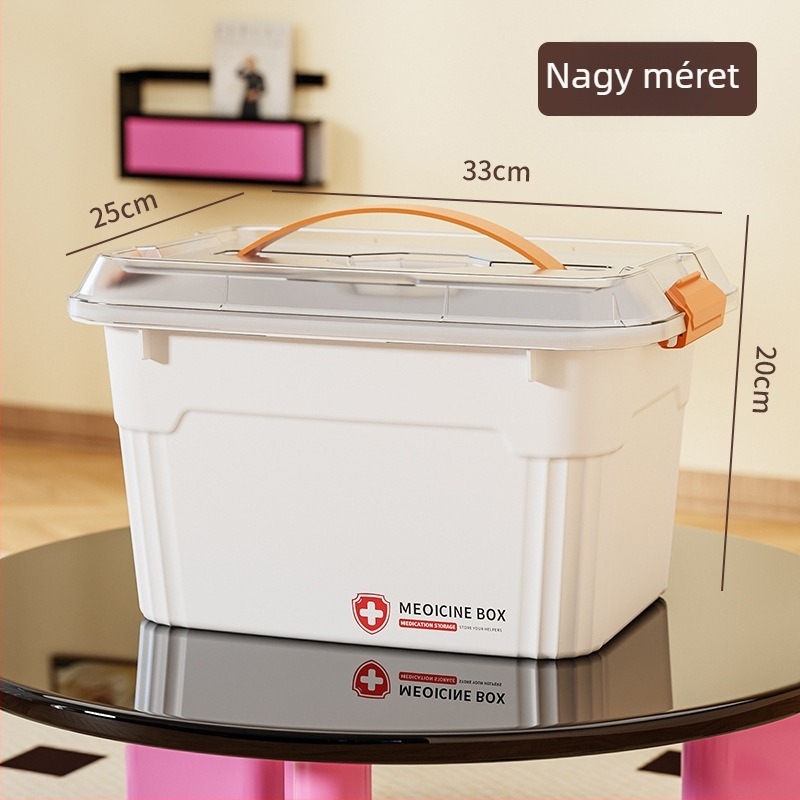 Otthoni többszintes gyógyszeres doboz rendező rekeszekkel, rendkívül nagy kapacitás, családi elsősegélyhez
