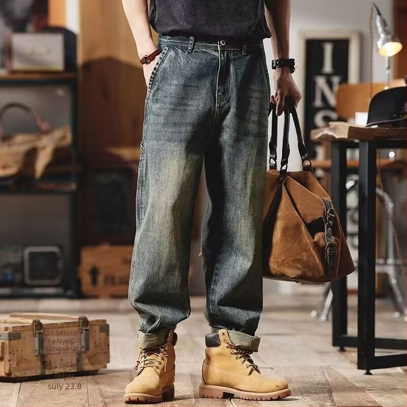 Férfiaknak szóló retro munkaruha-stílusú farmer, egyenes szabás, laza viselet, mindennapi