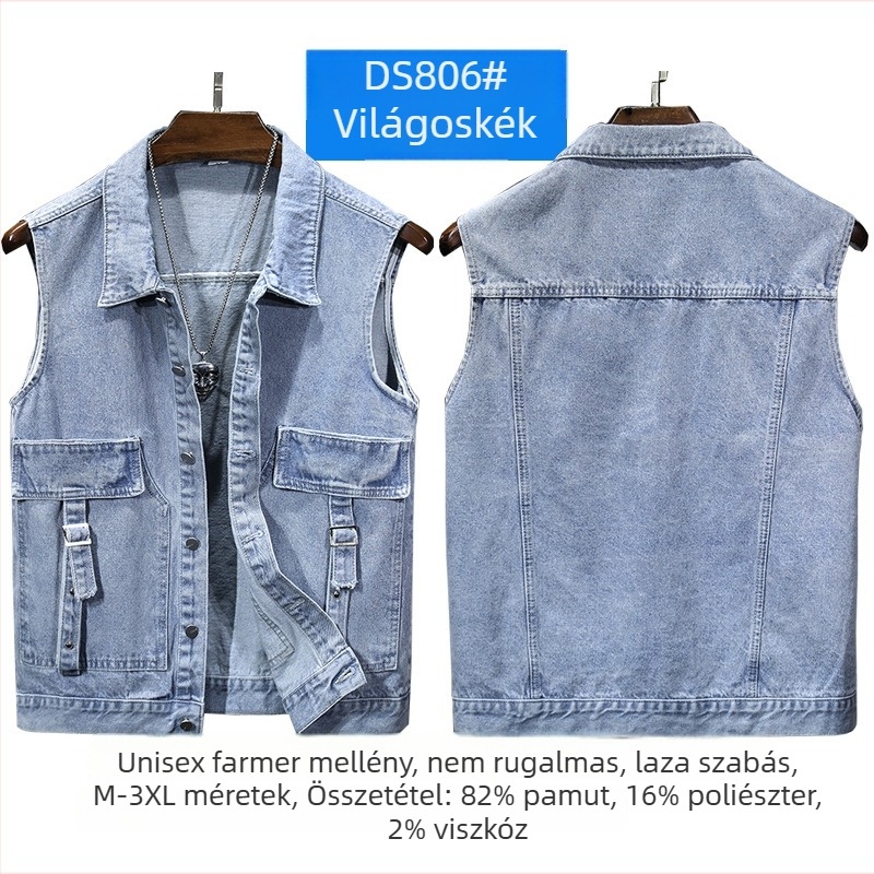 Férfi denim mellény lazított szabású, patch zsebekkel, négy évszakos viselet