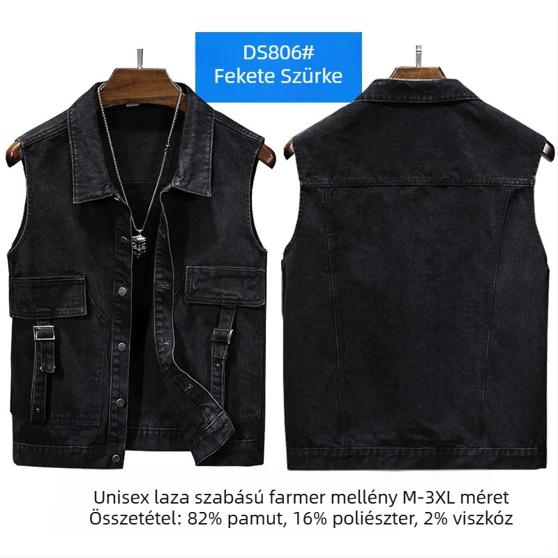Férfi denim mellény lazított szabású, patch zsebekkel, négy évszakos viselet