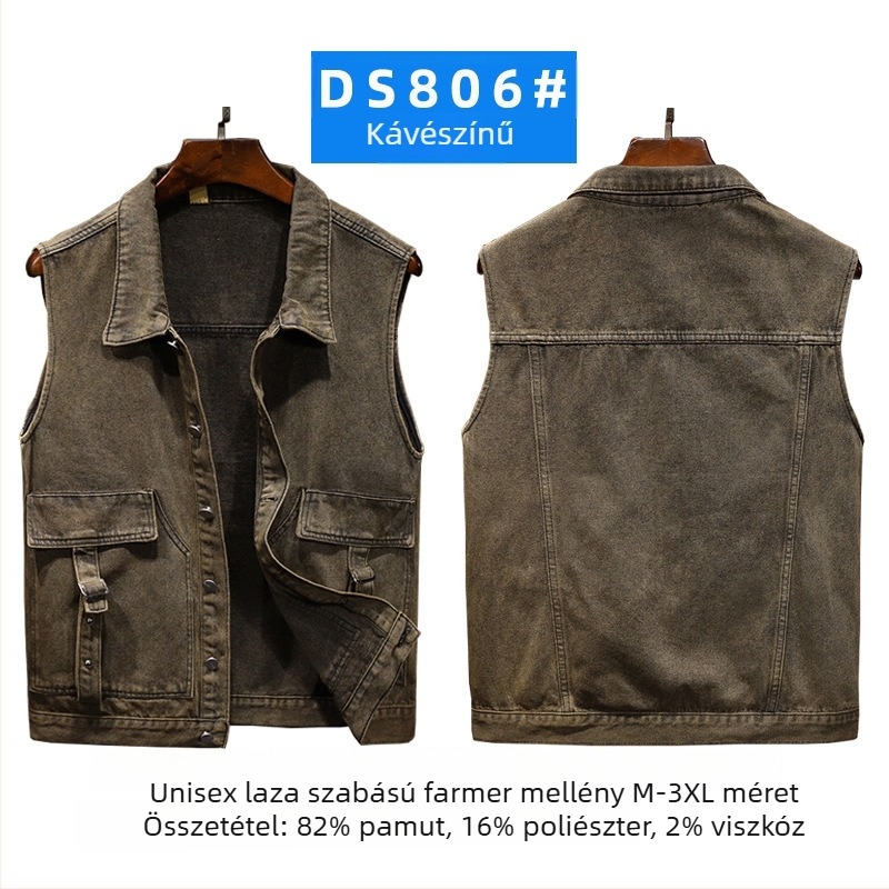 Férfi denim mellény lazított szabású, patch zsebekkel, négy évszakos viselet