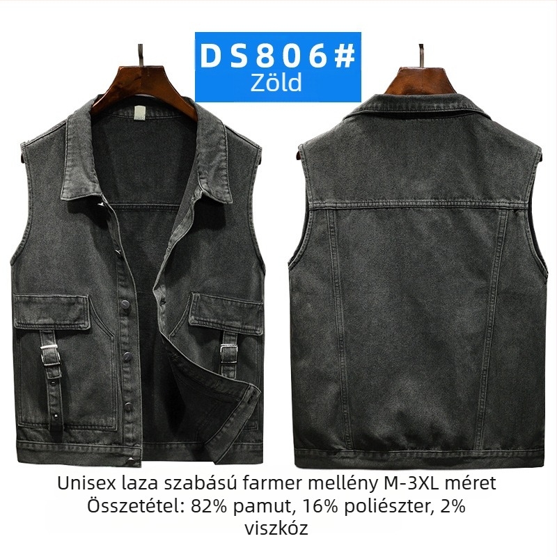 Férfi denim mellény lazított szabású, patch zsebekkel, négy évszakos viselet