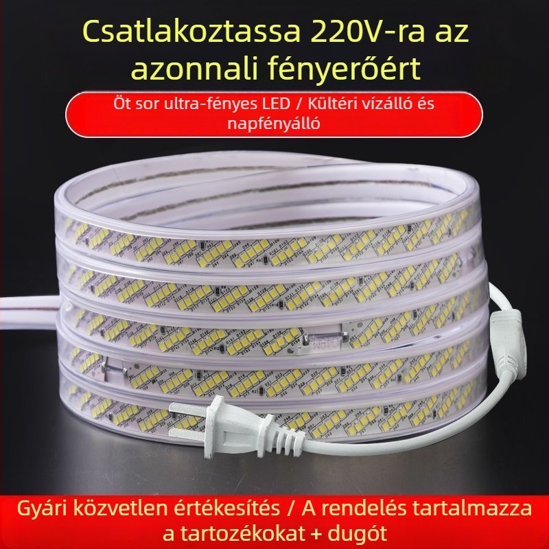 220V LED-szalag 320 LED-del, öt soros dekoratív mennyezeti világítás beltéri használatra, fehér/melegfehér/neutrálfehér és több szín, vízálló