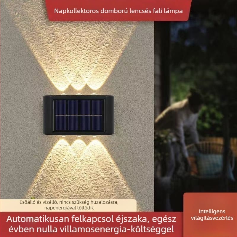 Napelemes kültéri falikar kerthez, dekoratív kerti világítás fel- és lefelé világítással és falmosó hatással