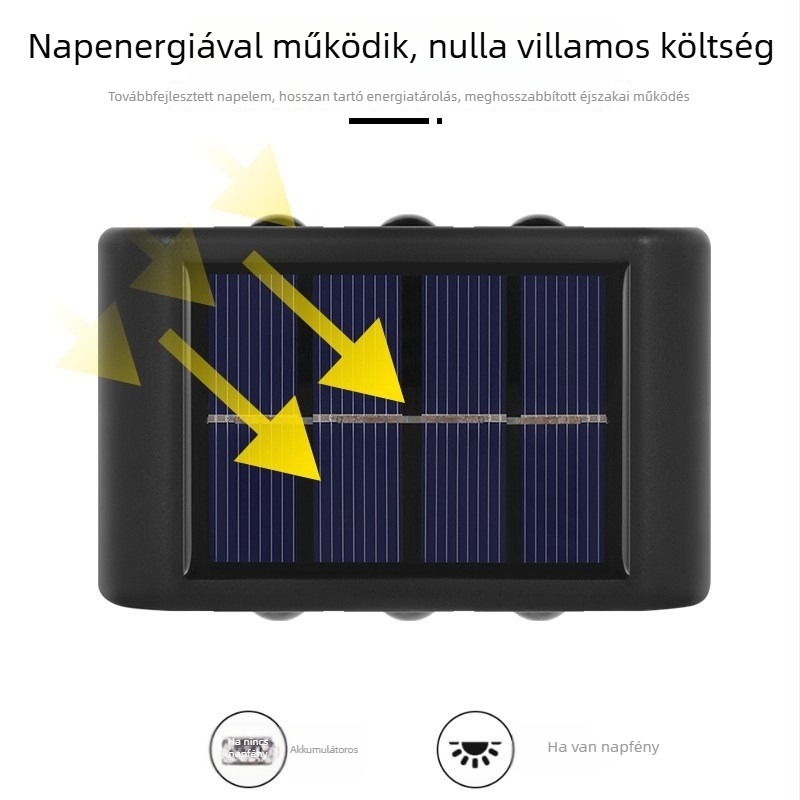 Fali lámpa felfelé és lefelé világítással, érzékelővel, napelemes kültéri világítás, vízálló, fehér és meleg fény.