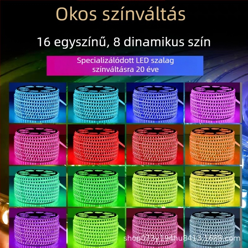 Színes kültéri LED fénycsík, színváltó, vízálló, 220V, 100 m hosszú, távirányítós
