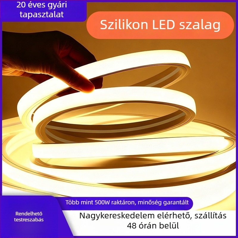 COB LED csík, rendkívül fényes, 220V, öntapadós mennyezetre, szilikon, vízálló, kültéri használatra, vágható, 120 LED (2835), 10W, 180° sugárzás
