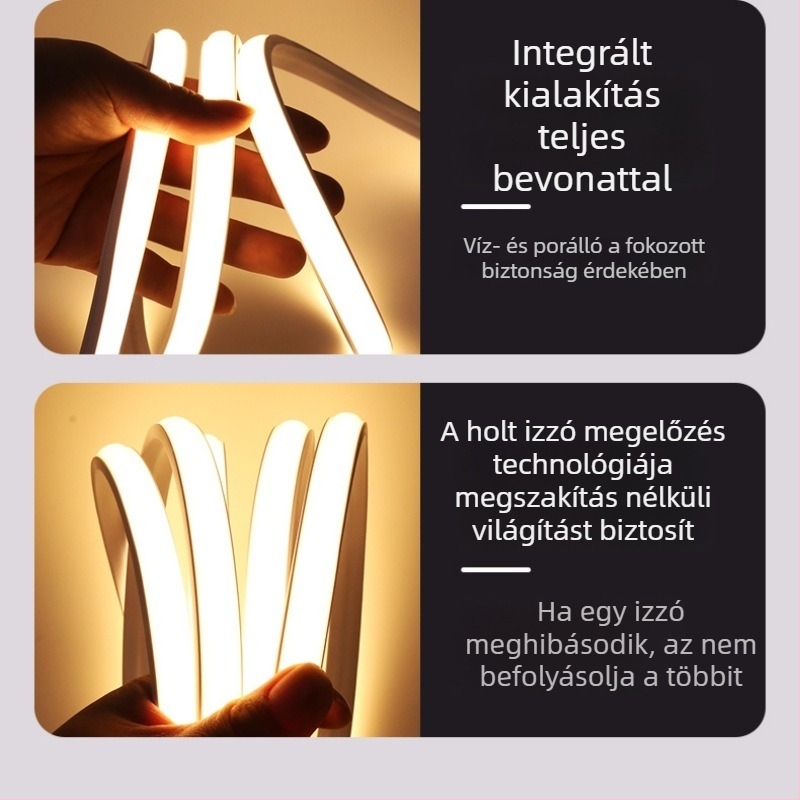COB LED csík, rendkívül fényes, 220V, öntapadós mennyezetre, szilikon, vízálló, kültéri használatra, vágható, 120 LED (2835), 10W, 180° sugárzás