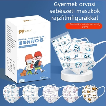 Gyermekeknek tervezett egyszer használatos orvosi sebészeti maszk, rajzfilm mintával, egyenként csomagolva, légáteresztő, nem szorítja a fület