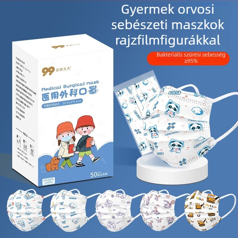 Gyermekeknek tervezett egyszer használatos orvosi sebészeti maszk, rajzfilm mintával, egyenként csomagolva, légáteresztő, nem szorítja a fület