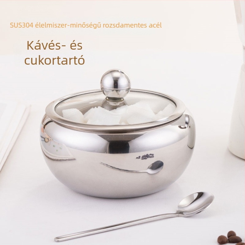 304 rozsdamentes acélból készült kerek fűszertartó készlet kávés üveggel, átlátszó cukorüveggel, só- és bors tartókkal a konyhába