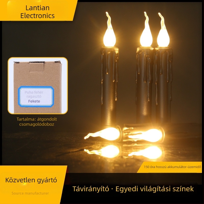 Fekete LED gyertya hosszú szárú, élethű lánggal, Halloween dekoráció házhoz és bárhoz, raktáron