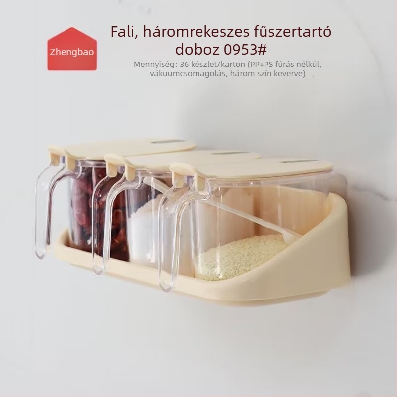 Falihoz szerelhető háromrekeszes fűszertartó, modell 0953, átlátszó műanyag tartállyal és kanállal.