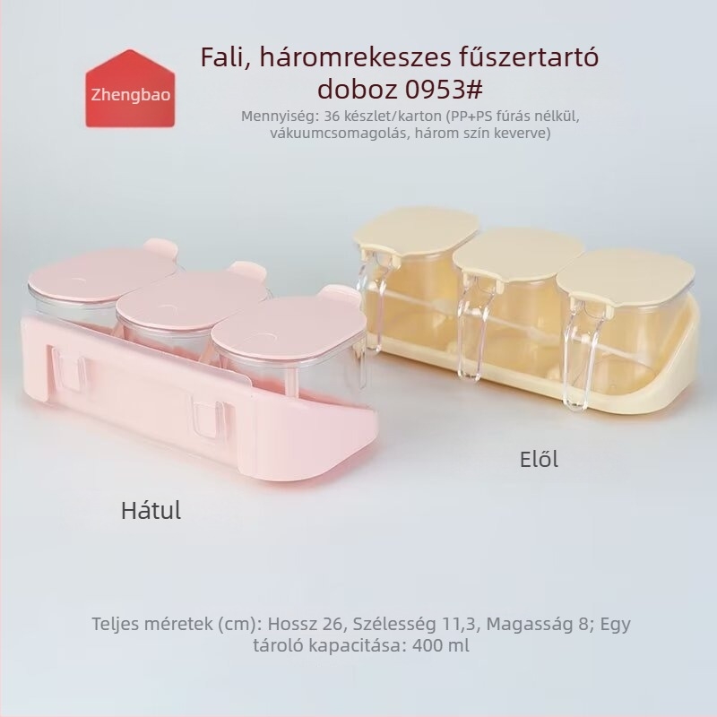 Falihoz szerelhető háromrekeszes fűszertartó, modell 0953, átlátszó műanyag tartállyal és kanállal.