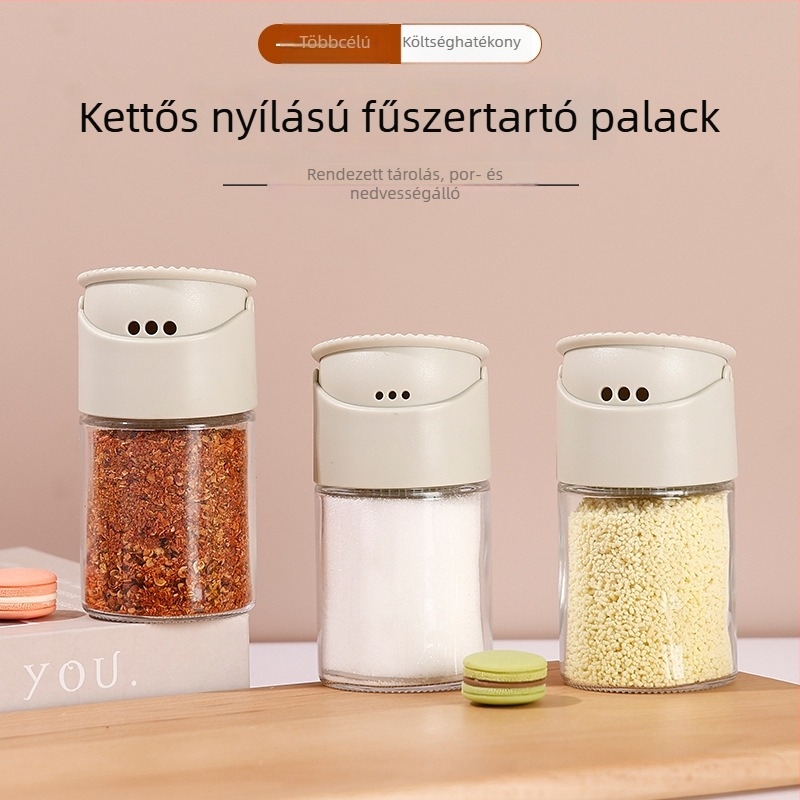 Két nyílású üveg fűszertartó – só, kömény és bors