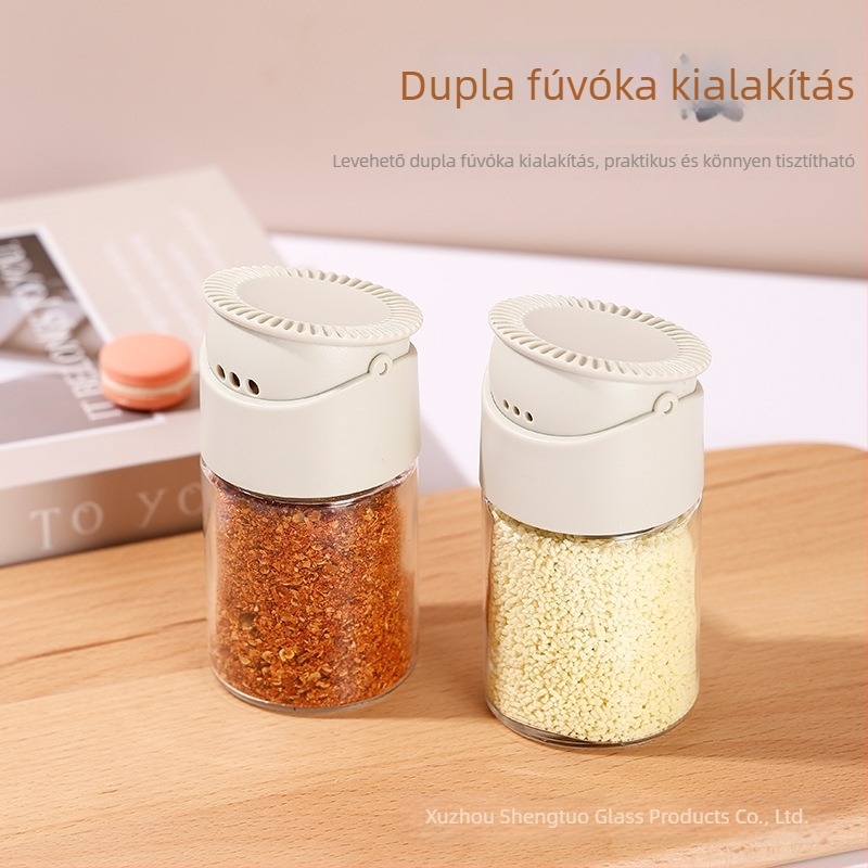 Két nyílású üveg fűszertartó – só, kömény és bors