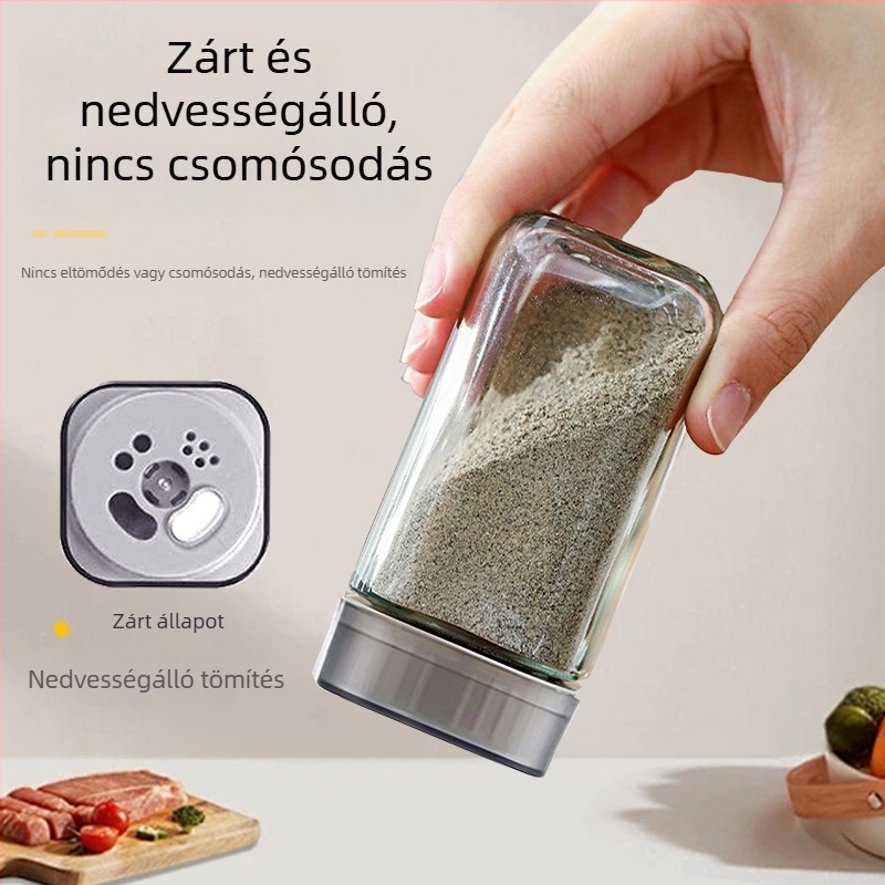 Négyzet alakú üveg fűszertartó forgófedéllel – só, bors, csili por, kömény