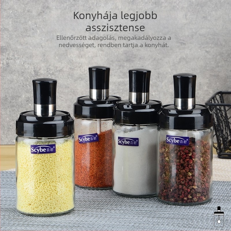 Üveg fűszertartó készlet: sótartó, fűszertartók, MSG-tároló és olajtartó otthoni konyhához