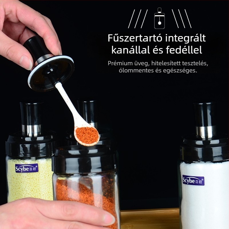 Üveg fűszertartó készlet: sótartó, fűszertartók, MSG-tároló és olajtartó otthoni konyhához