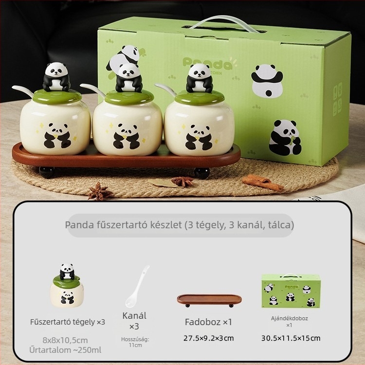 Panda kerámia sótartó edény fedővel, nedvességálló konyhai fűszertartó készlet