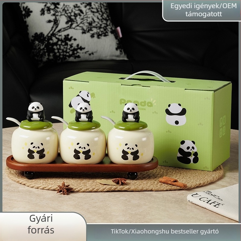 Panda kerámia sótartó edény fedővel, nedvességálló konyhai fűszertartó készlet