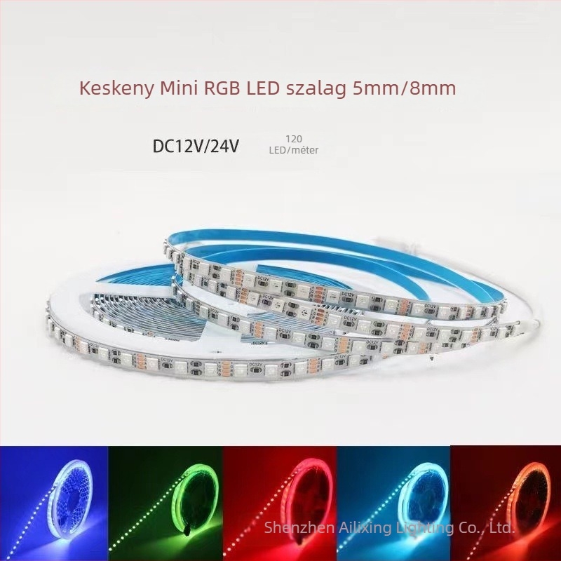 RGB LED szalag 3535, színváltó, 1 m hosszú, 120 LED, 5/6 mm szélesség, 8 mm keskeny profil, 5V/12V/24V, dimmelhető, CE