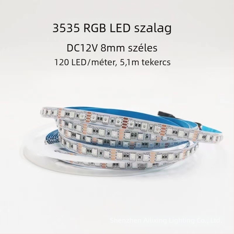 RGB LED szalag 3535, színváltó, 1 m hosszú, 120 LED, 5/6 mm szélesség, 8 mm keskeny profil, 5V/12V/24V, dimmelhető, CE