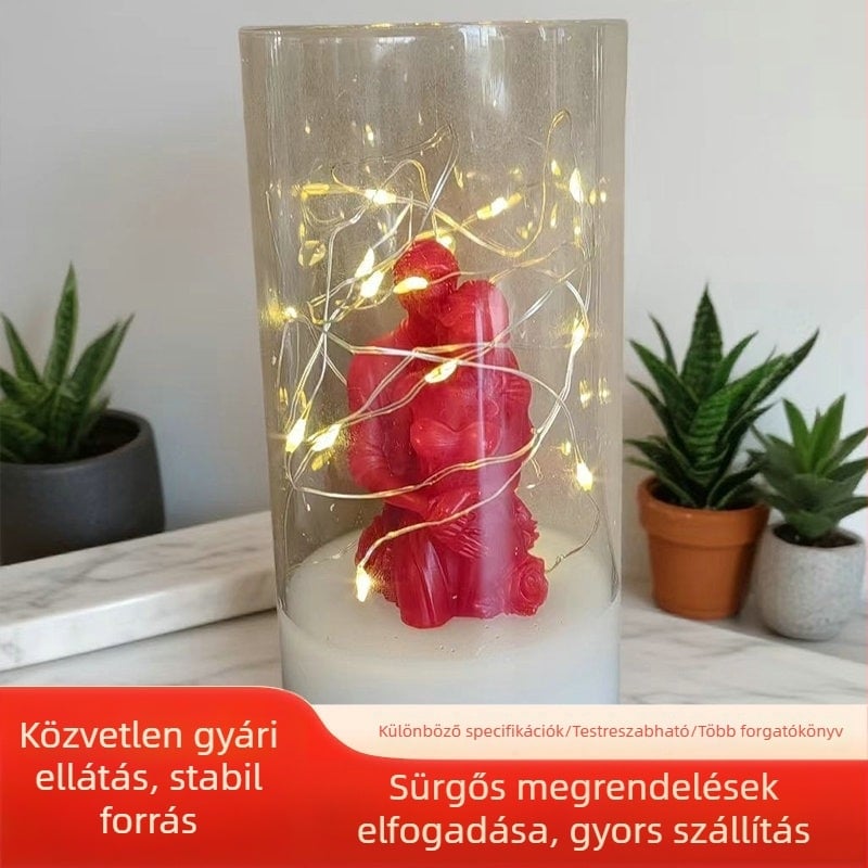 Akril‑romantikus pár LED gyertya örökvirágokkal díszített lánccal — hangulatvilágítás Valentin-napra