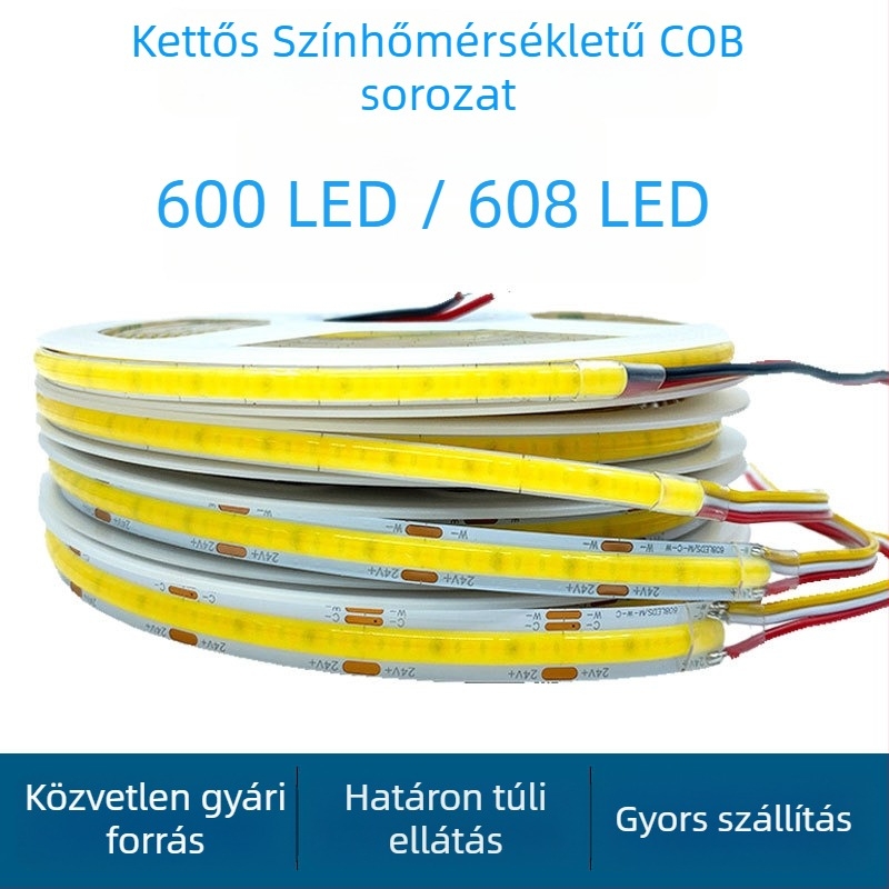 COB LED-szalag kettős színhőmérséklettel, 5V/12V/24V, ultra-szűk, öntapadós, 608 LED, 150° Beesési szög, CRI 90, 7–14 W
