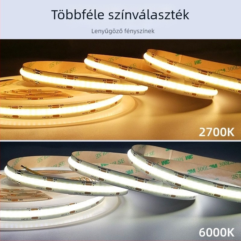 COB LED-szalag kettős színhőmérséklettel, 5V/12V/24V, ultra-szűk, öntapadós, 608 LED, 150° Beesési szög, CRI 90, 7–14 W
