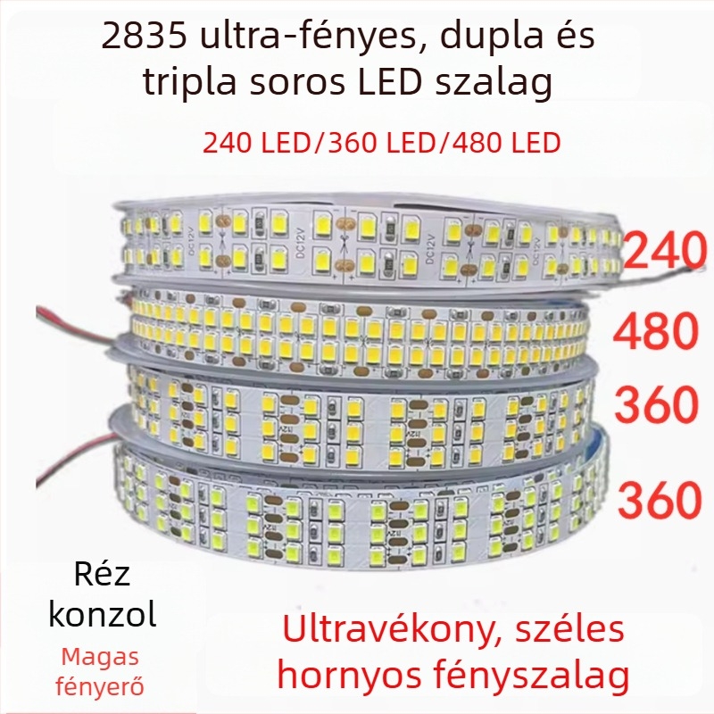 Háromsoros LED-szalag beltéri használatra, rendkívül fényes, 24V/12V, melegfehér 4000K, 240/360/480 LED, 2835 chip