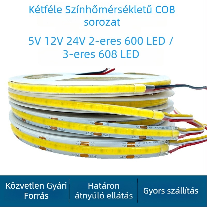 COB LED-szalag kettős színhőmérséklettel, 5V/12V/24V, ultraszűk, öntapadó, 2- vagy 3-vezetékes