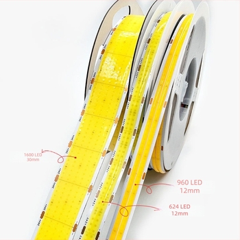 COB LED szalag, nagy sűrűség, 1600 LED, 12V, 7–14W, CRI 90, 150° fényszög, dimmelhető intelligens vezérléssel, kereskedelmi használatra, élettartam 50 000 óra