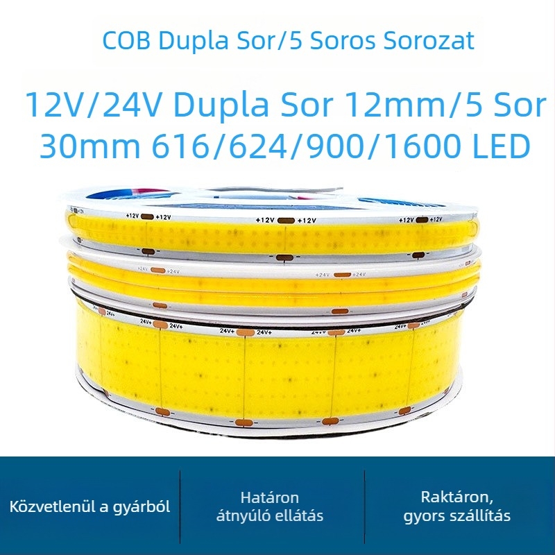 COB LED szalag, nagy sűrűség, 1600 LED, 12V, 7–14W, CRI 90, 150° fényszög, dimmelhető intelligens vezérléssel, kereskedelmi használatra, élettartam 50 000 óra
