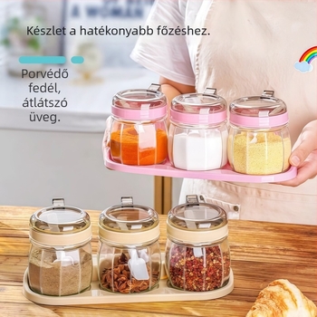 Konyhai fűszertartó készlet sótartóval, fűszertartó üvegekkel és olajtartó kannával