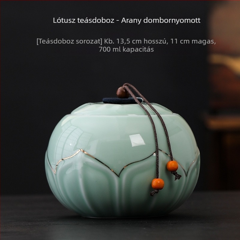 Celadon kerámia teás tartó, nagy méretű nedvességzáró, egyedi logóval, prémium ajándék