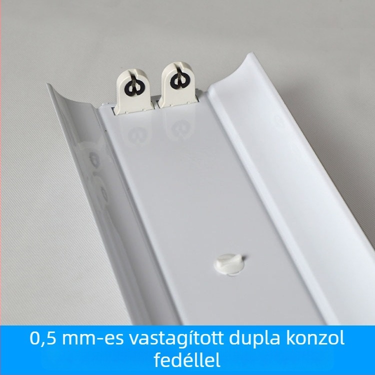 T8 dupla lámpatartó vasból, 0,5 mm falvastagságú, LED-reflektorral és fedéllel, hosszúságban 1,2 m vagy 1,5 m