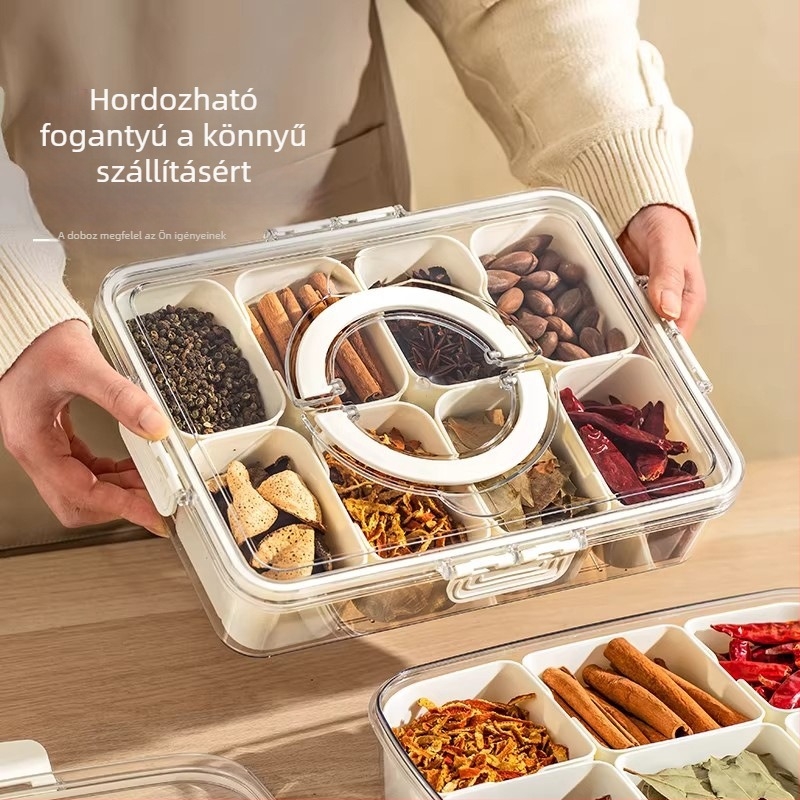 Konyhai fűszertároló doboz nyolc rekesszel, élelmiszer-minőségű, zárható és porálló