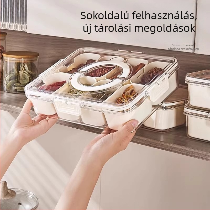 Konyhai fűszertároló doboz nyolc rekesszel, élelmiszer-minőségű, zárható és porálló