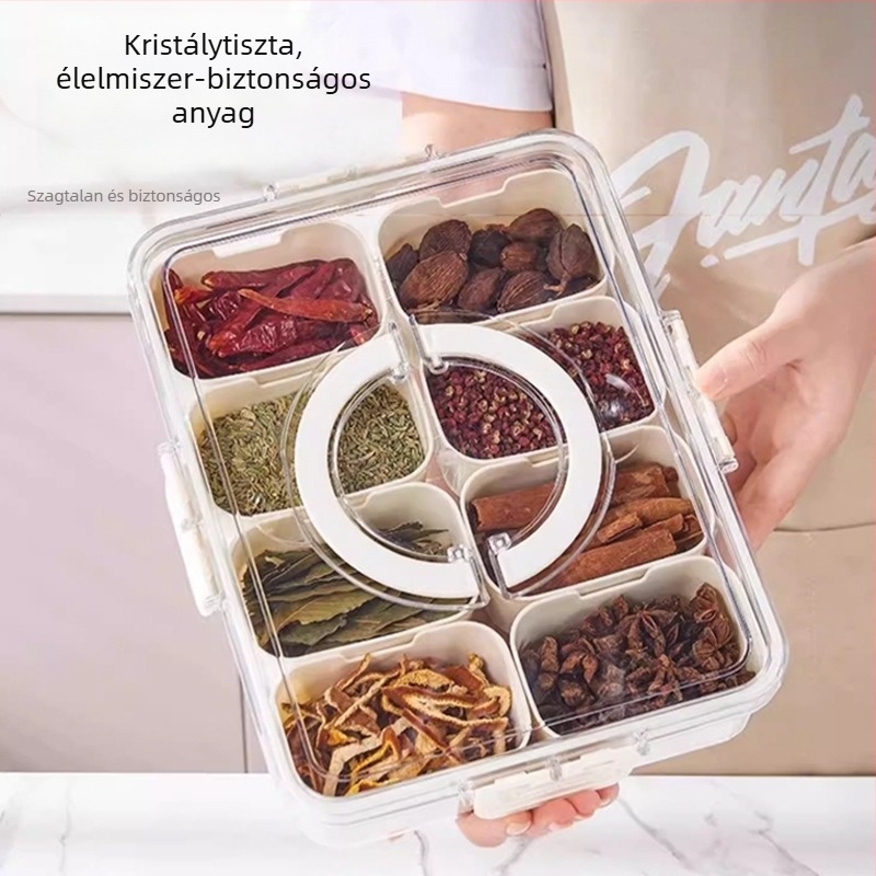 Konyhai fűszertároló doboz nyolc rekesszel, élelmiszer-minőségű, zárható és porálló