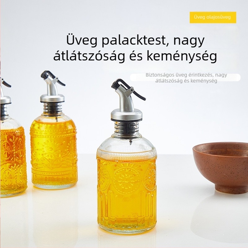 Kisnyílású üveg olajtartó, szivárgásmentes, vintage domborított virágmintás dizájn, konyhai olívaolaj adagoló, pontos olajáram-szabályozás