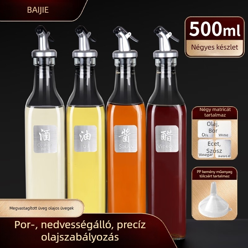 Üveg olaj- és folyékony fűszerekhez — szójaszósz és ecet tároló, porvédett, modern minimalist stílus