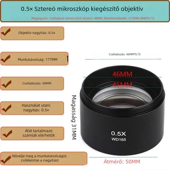 Sztereomikroszkóp segérobjektív lencse WD165/WD30, 5x okulár, 2x/0.3x/0.5x/0.7x objektívek, porálló