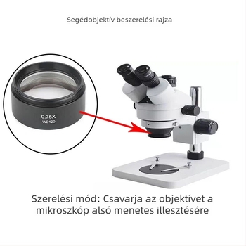Sztereomikroszkóp segérobjektív lencse WD165/WD30, 5x okulár, 2x/0.3x/0.5x/0.7x objektívek, porálló