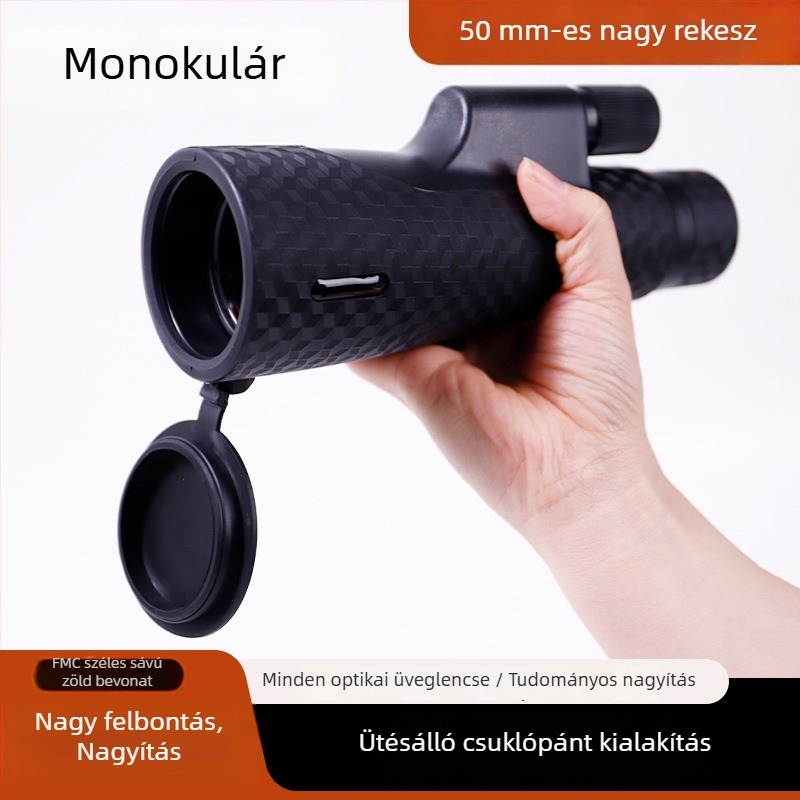 HD monokuláris távcső 50 mm-es objektívvel, állítható élesség, nagy fókuszkerék, csuklópánt, hordozható okostelefonos teleszkóp